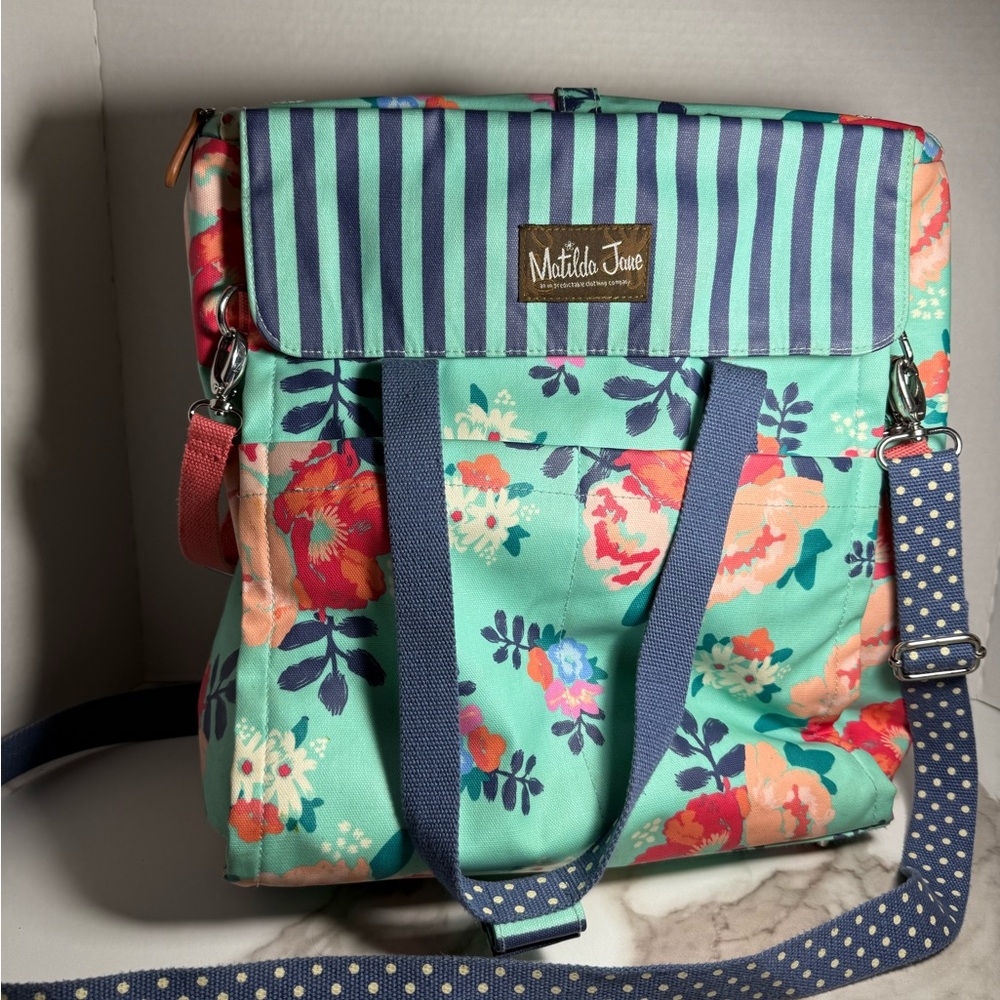 Matilda Jane Striped Floral Backpack Diaper Bag - Blue and Pink